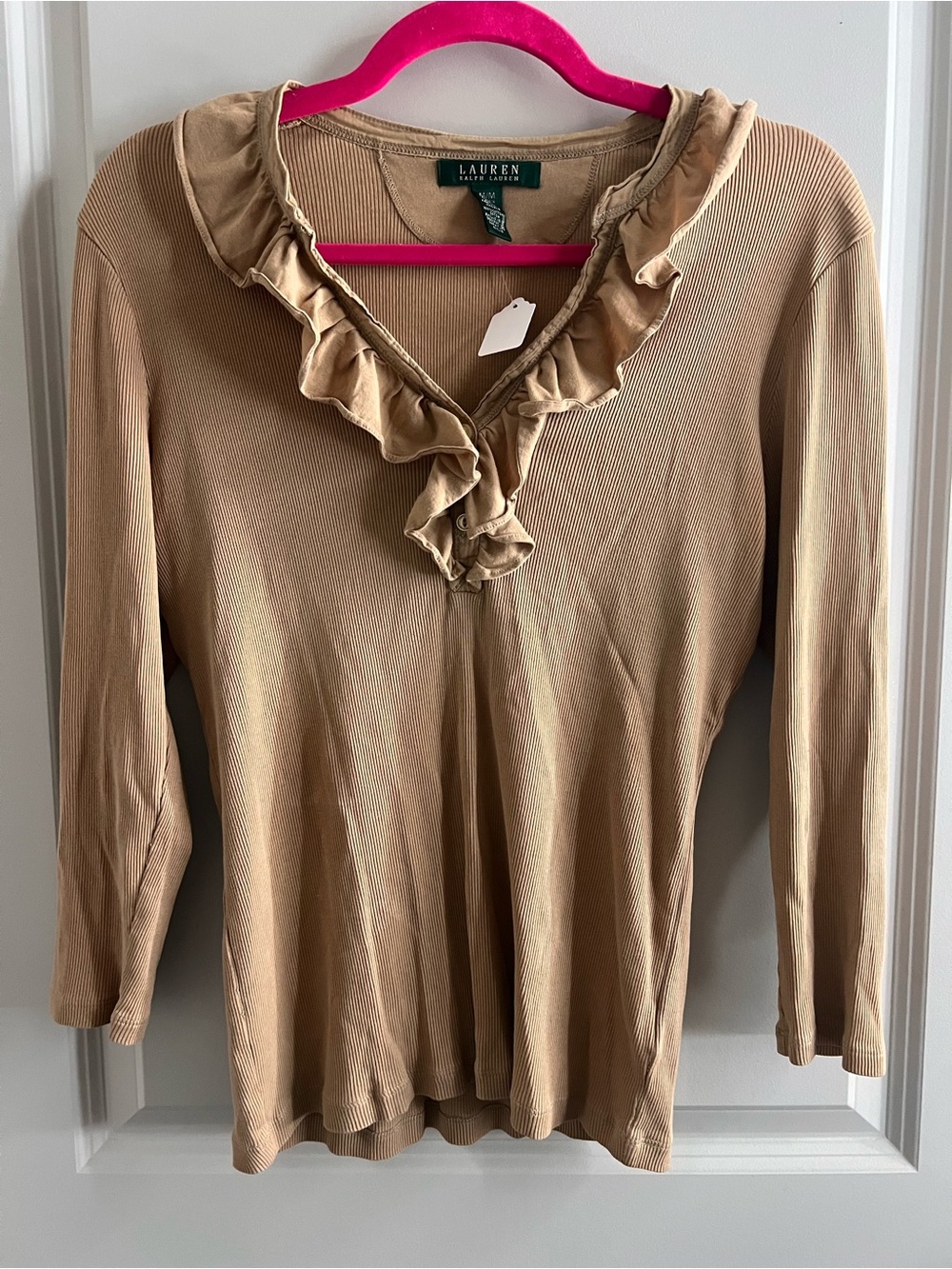 Ralph Lauren Beige Ruffled V-Neck Ribbed Top - Picture 6 of 6